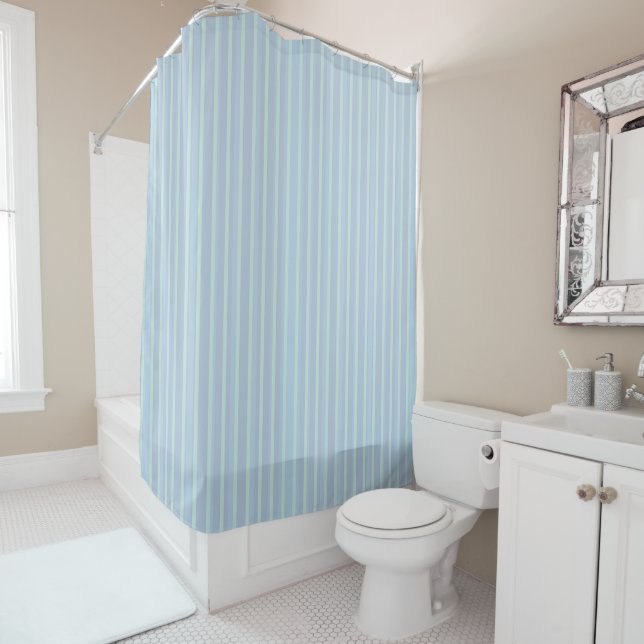 Modern Shimmering Blue Striped Shower Curtain (In Situ)