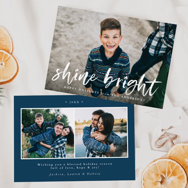 Modern Shine Bright Script Navy 3 Photo Holiday Card (Creator Uploaded)