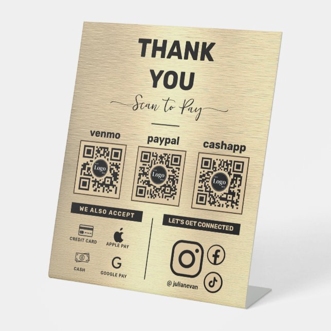 Modern Shiny Gold Scan to pay 3 QR Codes Thank you Pedestal Sign (Front)