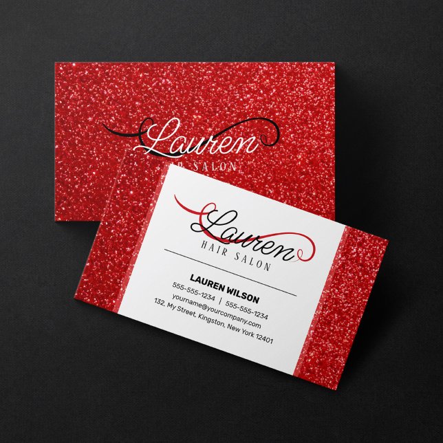 Modern Shiny Red Glitter Hair Stylist Salon Business Card (Creator Uploaded)