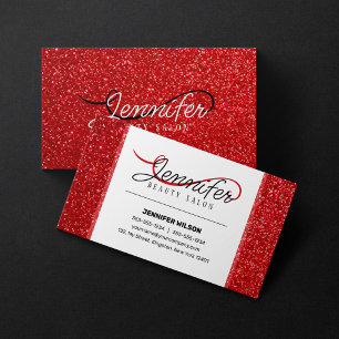 Modern Shiny Red Glitter Hairstylist Beauty Salon Business Card
