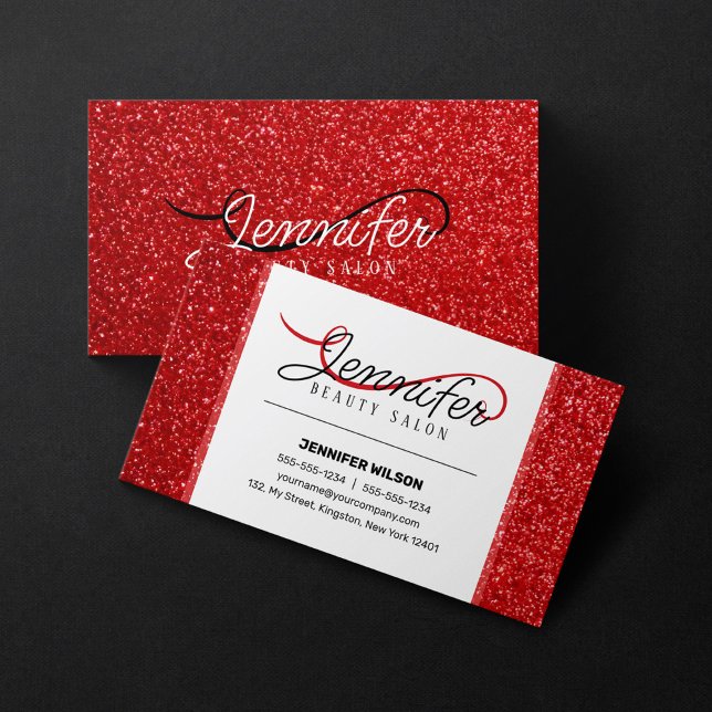 Modern Shiny Red Glitter Hairstylist Beauty Salon Business Card (Creator Uploaded)