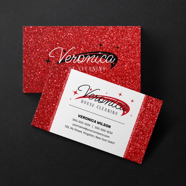 Modern Shiny Red Glitter Housekeeper Cleaning  Business Card (Creator Uploaded)
