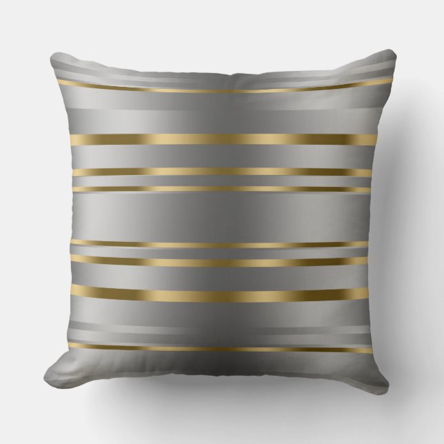 Modern Shiny Silver & Gold Stripes Pattern Cushion (Front)