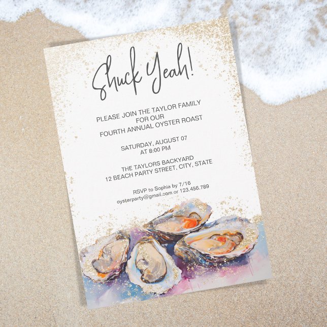 modern shuck yeah summer oyster roast party pastel invitation (pastel watercolor oyster party invitation)