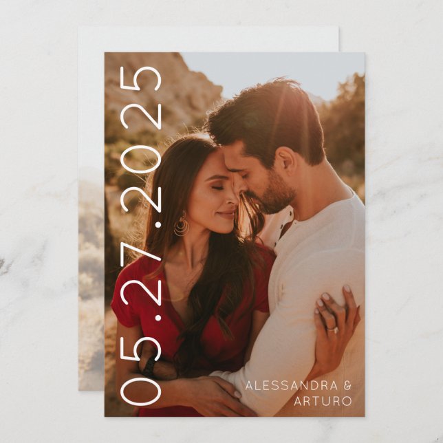 Modern Sideways Date Faux Vellum Back Photo Save The Date (Front/Back)