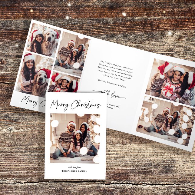 Modern Signature | Black and White Multi Photo Tri-Fold Holiday Card (A black and white, simple and stylish multi-photo trifold Christmas card)