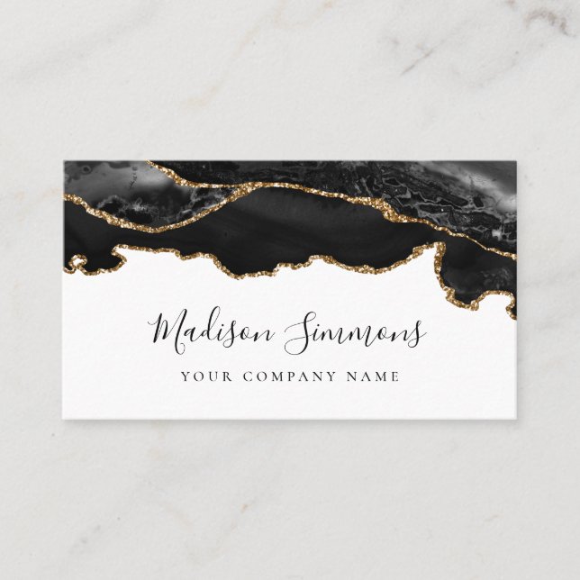 Modern Signature Black Gold Glitter Agate Marble Business Card (Front)
