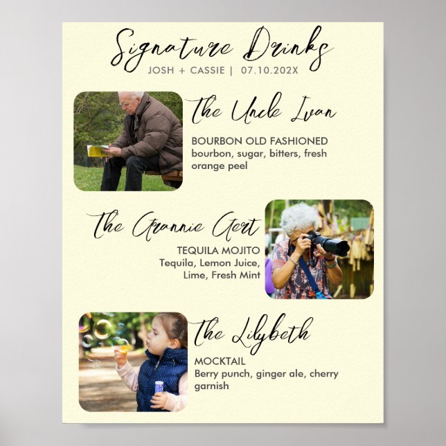 Modern Signature Drinks Three Photo Wedding Poster (Front)