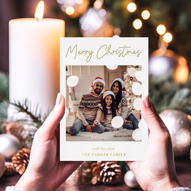 Modern Signature | Gold Foil Script Multi Photo Foil Holiday Card (An elegant, gold foil Christmas card with five of your favorite photos)