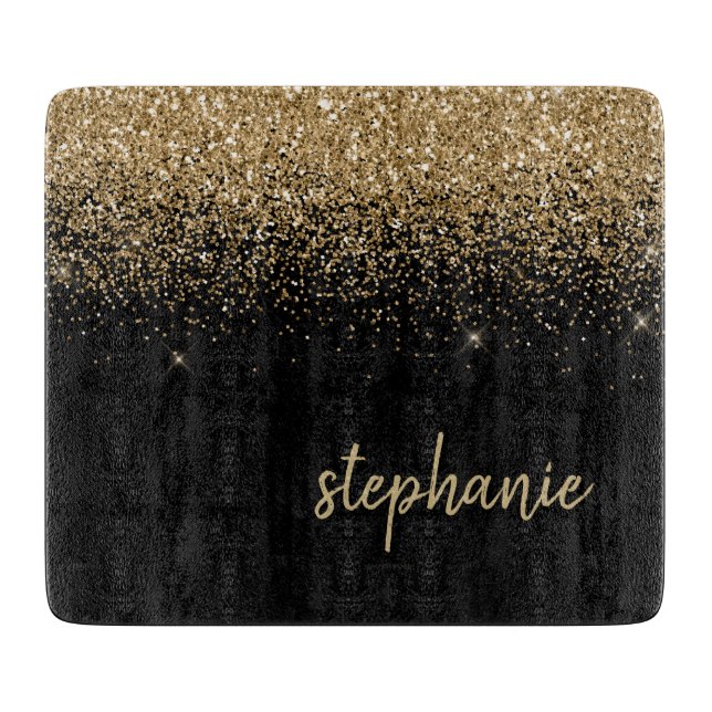 Modern Signature Gold Glitter Black Cutting Board (Front)