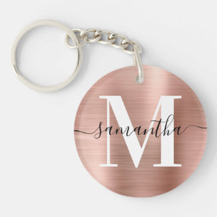 Modern Signature Monogram Rose Gold Foil Photo Key Ring