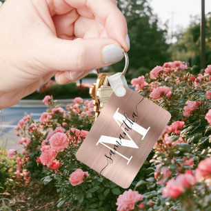 Modern Signature Monogram Rose Gold Foil Rectangle Key Ring