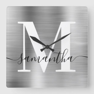 Modern Signature Monogram Silver Foil Square Wall Clock