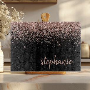 Modern Signature Rose Gold Glitter Black Cutting Board