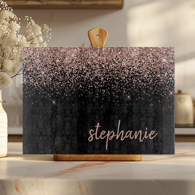 Modern Signature Rose Gold Glitter Black Cutting Board (Creator Uploaded)