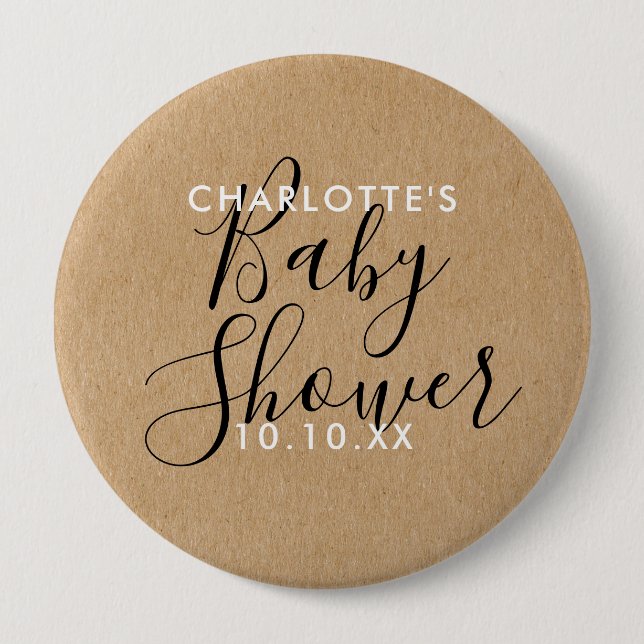  Modern Signature Script Baby Shower Rustic Kraft 10 Cm Round Badge (Front)