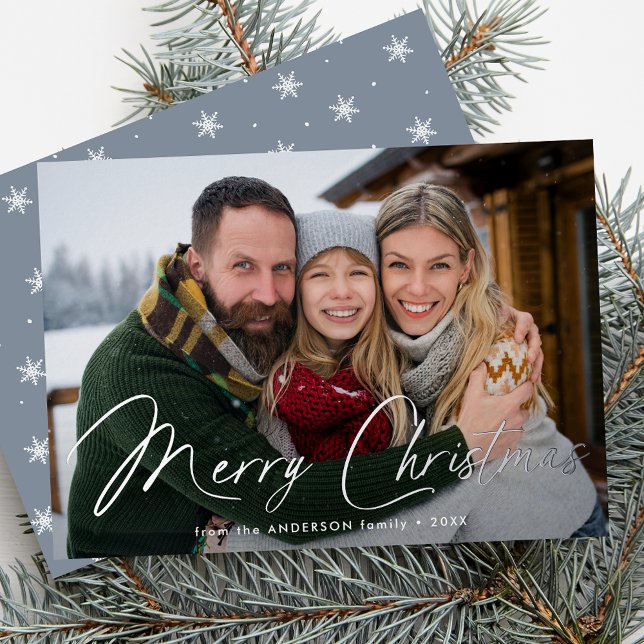 Modern Signature Script Christmas Ice Blue Photo Foil Holiday Card (Creator Uploaded)