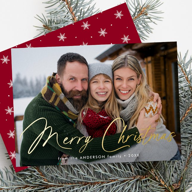 Modern Signature Script Christmas Red Photo Foil Holiday Card (Creator Uploaded)