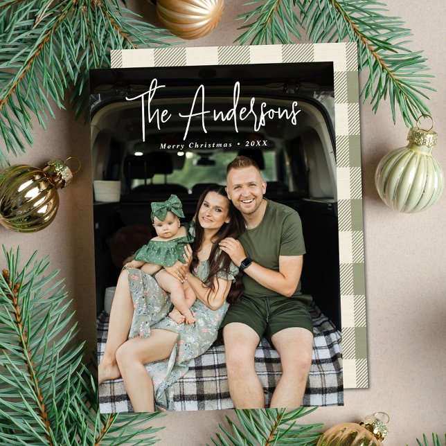 Modern Signature Script Cream and Olive Photo Holiday Card (Creator Uploaded)