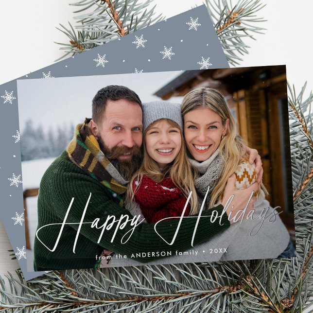 Modern Signature Script Ice Blue Photo Foil Holiday Card (Creator Uploaded)