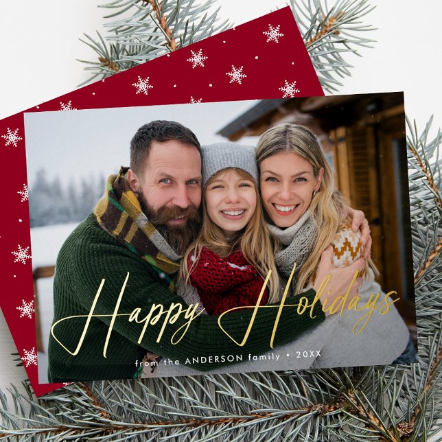 Modern Signature Script Red Photo Foil Holiday Card (Creator Uploaded)
