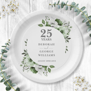 Modern Silver 25th Wedding Anniversary Greenery  Paper Plate