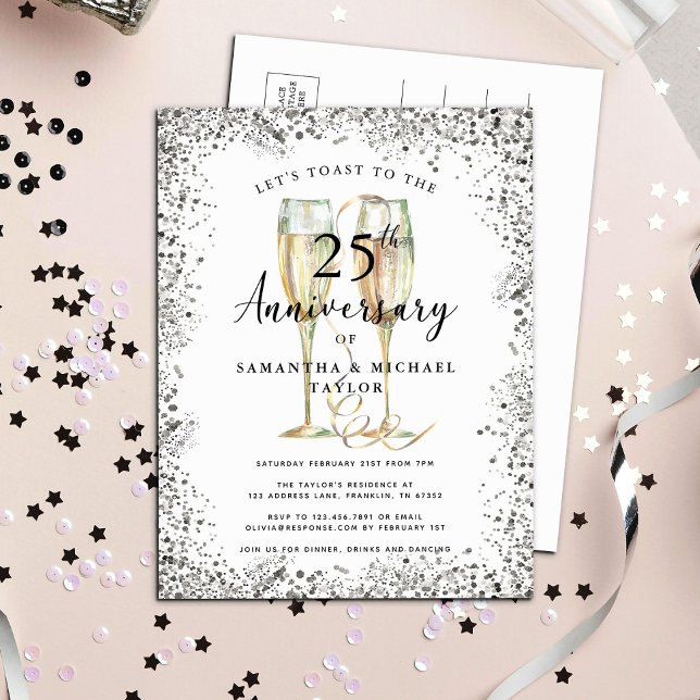 Modern Silver 25th Wedding Anniversary Invitation Postcard (Creator Uploaded)