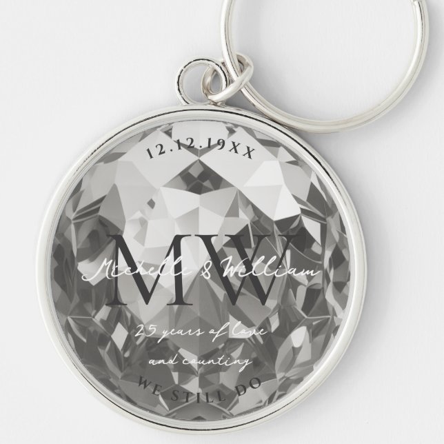 Modern Silver 25th Wedding Anniversary Monogram Key Ring (Front)