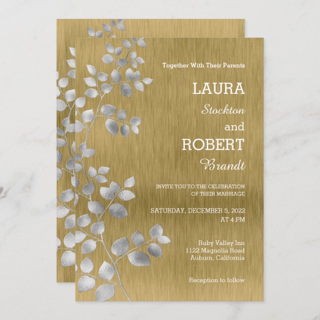 Modern Silver and Gold Floral Wedding Invitation (Front/Back)