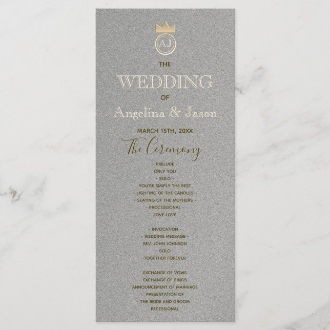 Modern Silver and Gold Foil Royal Monogram Wedding Program (Front)