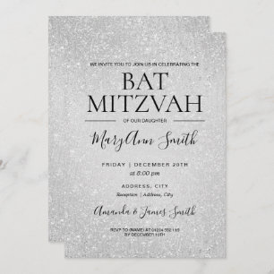 Modern Silver Bat Mitzvah Faux Glitter Paint Invitation