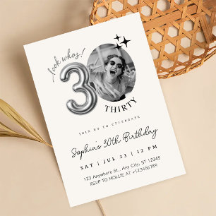Modern Silver Beige 30th Birthday Photo Invitation