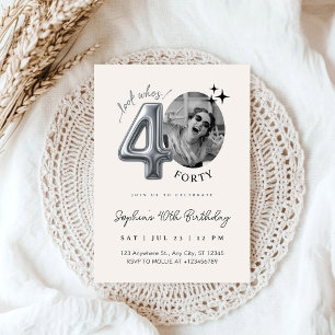 Modern Silver Beige 40th Birthday Photo Invitation
