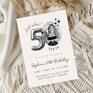 Modern Silver Beige 50th Birthday Photo Invitation