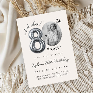 Modern Silver Beige 80th Birthday Photo Invitation