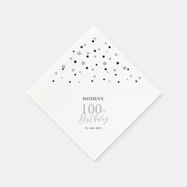 Modern Silver & Black 100th Birthday Party Napkins (Corner)