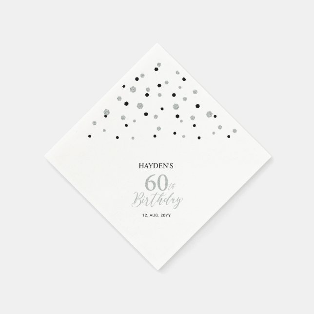 Modern Silver & Black 60th Birthday Party Napkins (Corner)