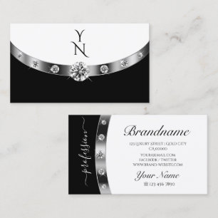 Modern Silver Black and White Monogram Diamonds Business Card