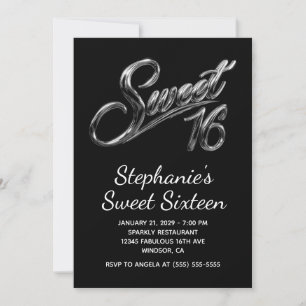 Modern Silver Black Chrome Sweet 16 Invitation
