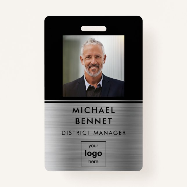 Modern Silver Black Employee Photo ID ID Badge (Front)