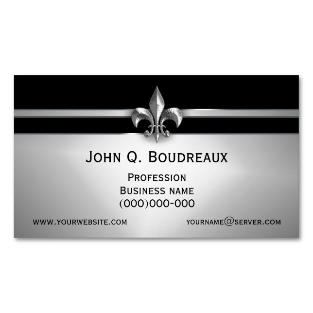 Modern Silver Black Fleur de Lis Magnetic Business Card (Front)