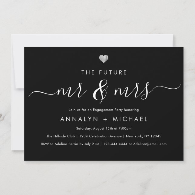 Modern Silver Black Future Mr and Mrs Engagement Invitation (Front)