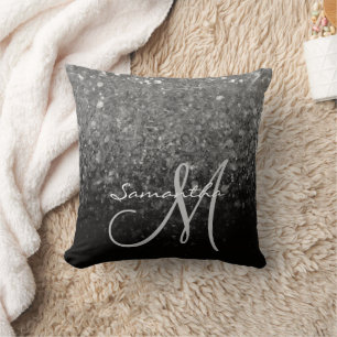 Modern Silver & Black Glitter Ombre Monogram Cushion