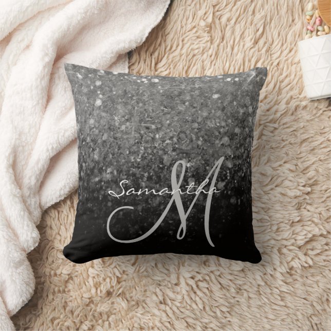 Modern Silver & Black Glitter Ombre Monogram Cushion (Blanket)