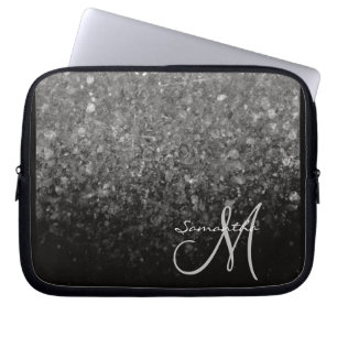 Modern Silver & Black Glitter Ombre Monogram Laptop Sleeve