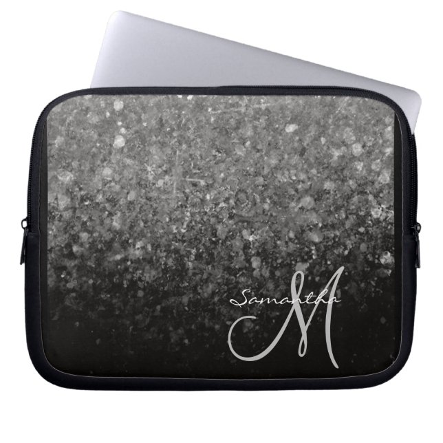 Modern Silver & Black Glitter Ombre Monogram Laptop Sleeve (Front)