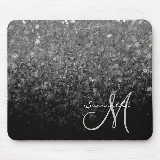 Modern Silver & Black Glitter Ombre Monogram  Mouse Pad (Front)