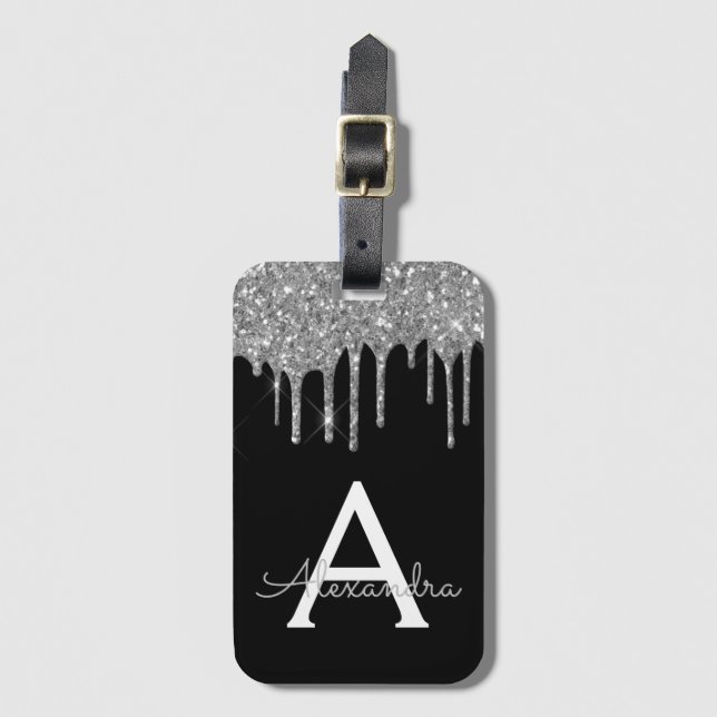 Modern Silver Black Glitter Sparkle Monogram Luggage Tag (Front Vertical)
