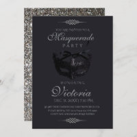 Modern Silver Black Masquerade Party Birthday